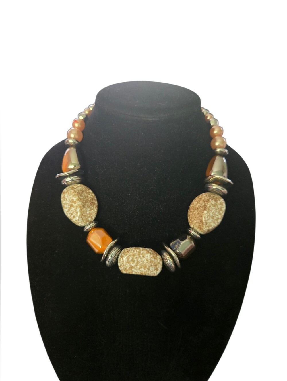 Neutral Brown Stone & Amber Bead Statement Necklace 19"